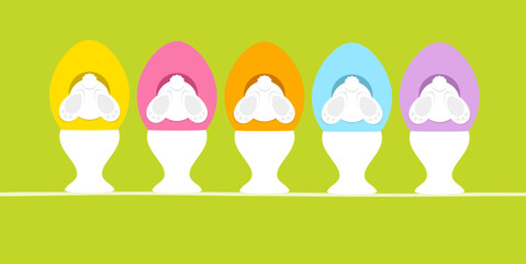 5 Weiße Osterhasen In Ei Eierbecher Hinten Grün