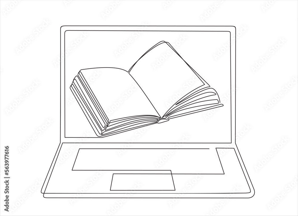 Wall mural continuous line drawing or one line drawing of a book on a computer. vector illustration of modern e