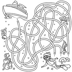 Puzzle for children. Labyrinth. Coloring the outline underwater world, in which the scuba diver needs to be taken to the boat. Coloring book for children.