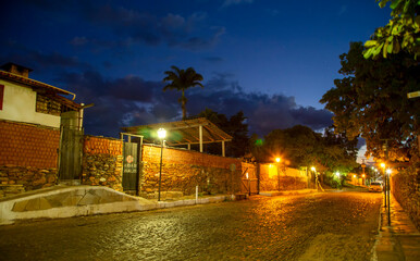 Peaceful street at night in a brazilian inner city "Pirenopolis".