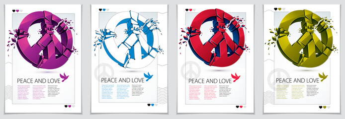 Peace Symbol breaking to pieces vector 3d realistic illustration and flyer, broken peace, antiwar meeting and protest demonstration like hippies and pacifists in 60s, against military conflicts.