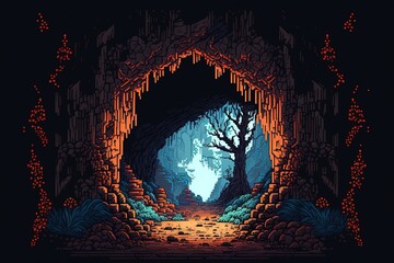 Pixel art cave entrance, natural tunnel, landscape in retro style for 8 bit game, Generative AI