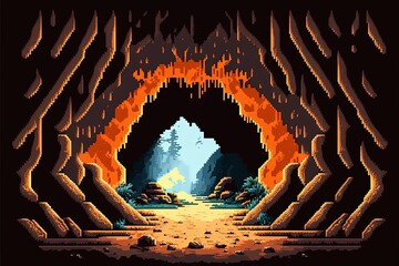 Pixel art cave entrance, natural tunnel, landscape in retro style for 8 bit game, Generative AI