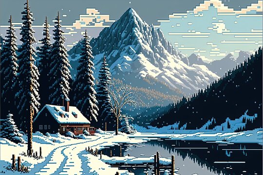 Pixel art landscape of Switzerland in winter with house, pine trees and mountains, background in retro style for 8 bit game, Generative AI
