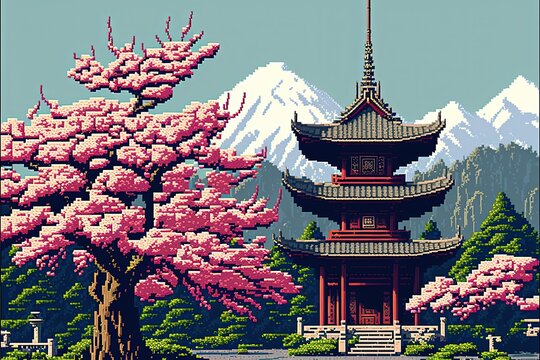Pixel art Chinese temple and cherry trees in the mountains, landscape in retro style for 8 bit game, Generative AI
