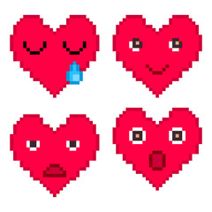 Fototapeta premium Pixel illustration of 4 facial expressions on hearts