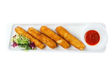 Fried breaded cheese sticks with sauce and herbs on a white snack plate. Appetizing traditional dish. Close-up. Isolated on white background.