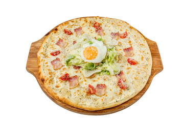 Pizza with egg and lettuce on a wooden board. Traditional dish of Italian cuisine. Top view. Isolated on white background.