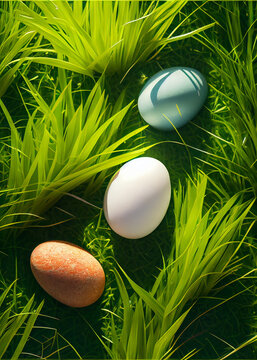 Decorated easter eggs in grass background. AI Generated