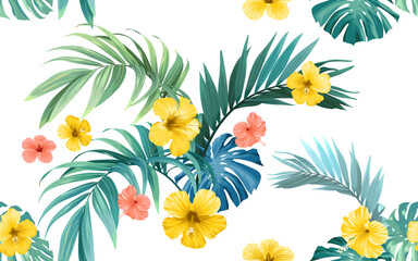 Tropical pattern with green monstera leaves and hibiscus flowers. Summer vector background or textile illustration.