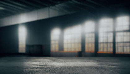 Space for product showcase background Warehouse blurred .