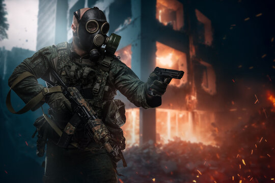 Art of warfare in destroyed city and soldier dressed in camouflage uniform and gas mask.
