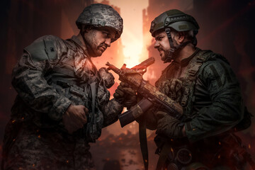 Art of two angry soldier and their combat looking each other in destroyed city.