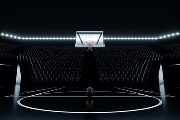 Black basketball hall with empty stands, dark basketball court, basketball stadium. Basketball concept, sports betting. Copy space, 3D illustration, 3D rendering.