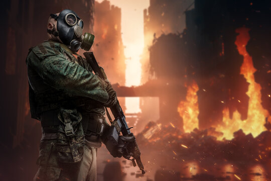 Art of soldier with camouflage uniform in city with burning buildings.