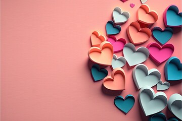 Red and pink paper hearts isolated on background, copy space, valentine's day themed background