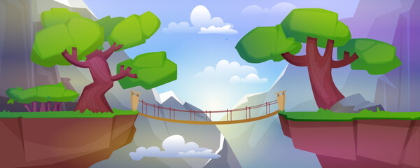 Summer landscape with mountains, plants, clouds and suspension bridge over precipice between cliffs. Cartoon vector illustration of rocks, green grass and trees, wooden footbridge over abyss at day.