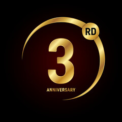 3rd anniversary. Anniversary logo design concept with golden ring for anniversary celebration event, invitation card, greeting card, banner, poster, flyer, book cover. Logo Vector Template