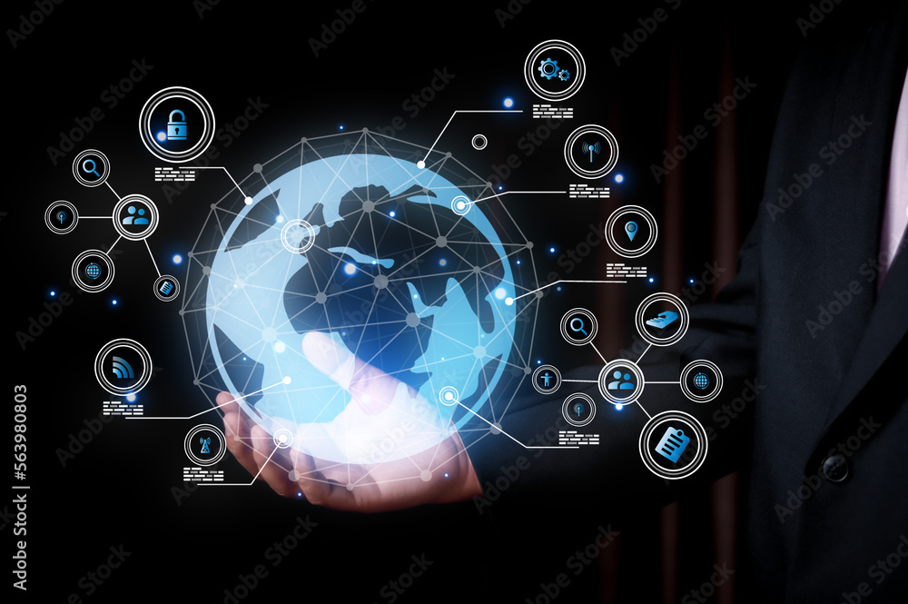 Poster businessman touching global network and data exchanges over the world 3d rendering, technology conne