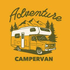 Campervan outdoor adventure hand drawn line adventure illustration Logo Badge
