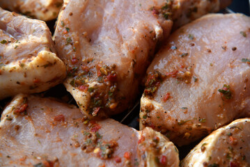 Raw pickled pork meat. Pork meat prepared for barbecue. Raw kebab. Seasoned meat.