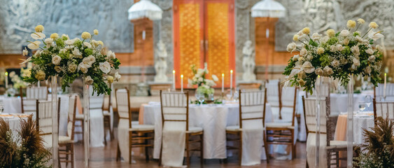 Wedding banquet or gala dinner decorated with garlands. Round tables styled with flowers, candles and accessories. Festive banquet during dusk
