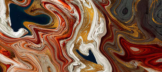 Marble pattern background material with luxurious atmosphere of red, blue, white and gold colors. Marble fluid art backdrop. Lava abstract texture