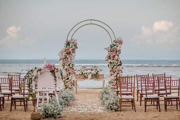 Wedding set up on beach. Beautiful tropical outdoor ceremony or party with ocean view. Destination weddings concept - 563981851