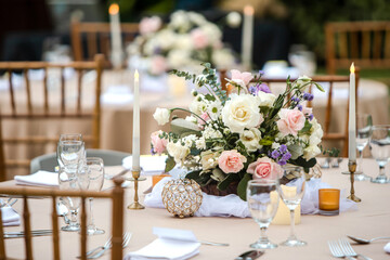 Beautiful table setting with tableware, flowers, candles, accessories and rose centerpiece for a...