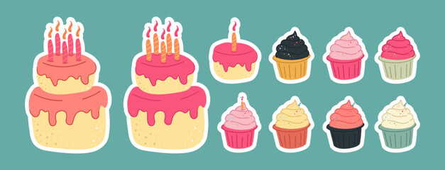 set of stickers with cakes, cupcakes and cakes, vector set with sweets in bright colors