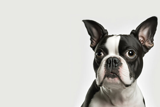 A portrait of a boston terrier in white background, Generative AI