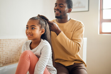 Family, black father and help girl with hair, smile and bonding together in bathroom, relax and conversation. Love, dad and daughter with hairstyle, happiness or loving with kid and child development - obrazy, fototapety, plakaty