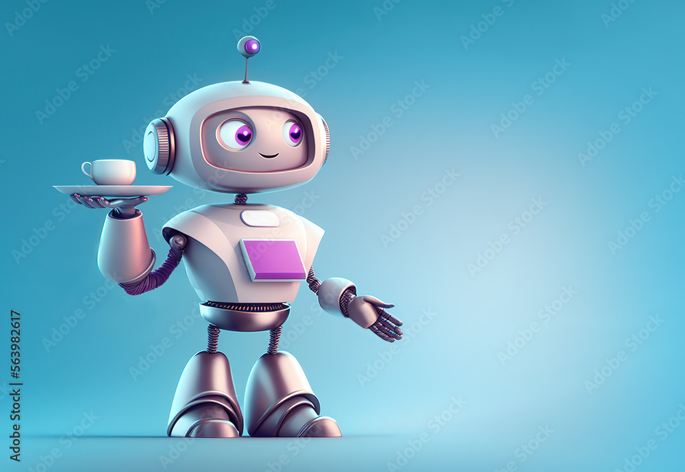Poster android waiter serving coffee over blue background with copy space, robot cafe concept, generative a