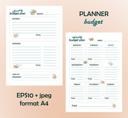 Budget planner for the month and week, A4 format, home accounting