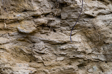 texture of natural sand stone for background Rock formations slice of sand with layers of different structures clay  soil.  Sand quarry. Picturesque sandstones.  mountain closeup.