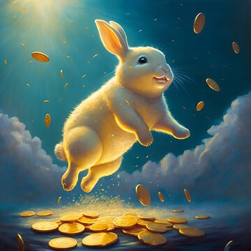Happy cartoon bunny pool of gold coins jumping and shining