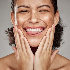 Beauty, face and portrait of a black woman model smile from facial and spa treatment. Studio...
