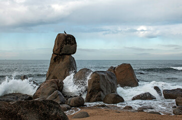 Beach of large rocks in Gaia, Atlantic coast in Portugal