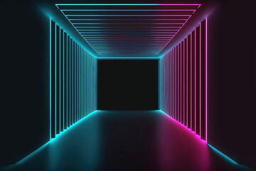 empty dark tunnel illuminated by neon tube lights - generative AI
