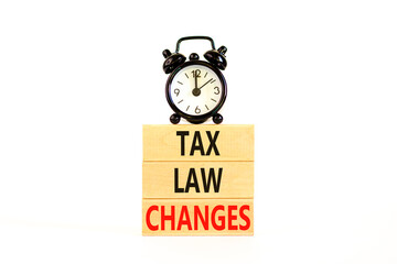 Tax law changes symbol. Concept words Tax law changes on wooden blocks on a beautiful white table white background. Black alarm clock. Business tax law changes concept. Copy space.