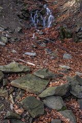 A small waterfall on a flowing river in the forest.