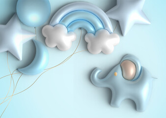 Baby shower invitation card with balloons shaped as elephant, rainbow, star and moon. Blue card template for boy birthday celebration