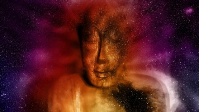 Buddha in space and stars, galaxy background. computer collage. Religion concept. Elements of this image furnished by NASA, Loop Animation