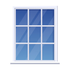 Window with white frame. Clean glass window on wall of building. Cartoon classic element of house exterior isolated white. Architecture, facade concept
