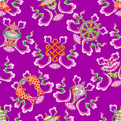 Buddhism eight symbols seamless pattern religion