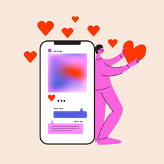 Addiction to social networks concept. Happy Valentine's day. Online dating. Person holding heart. Man stands at a big phone. Addicted to likes. Flat vector illustration