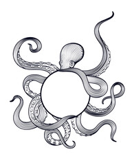 Octopus holding sphere with tentacles, hand drawn vector illustration in engraving technique isolated on white background © Svitlana