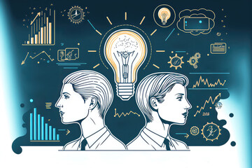 Businessman and Lady Brainstorm Brainstorm Success, modern Idea and Concept Vector illustration Infographic template with lamp,Lined pattern,graph,arrow, icon. (ai generated)
