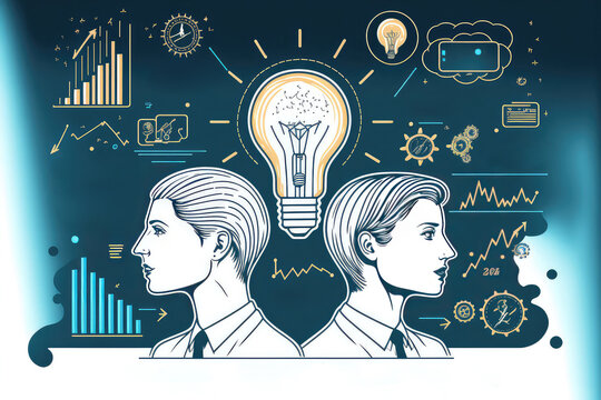 Businessman and Lady Brainstorm Brainstorm Success, modern Idea and Concept Vector illustration Infographic template with lamp,Lined pattern,graph,arrow, icon. (ai generated)