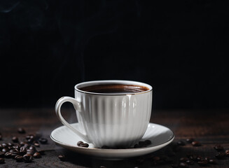cup of hot coffee on a wooden table, black background